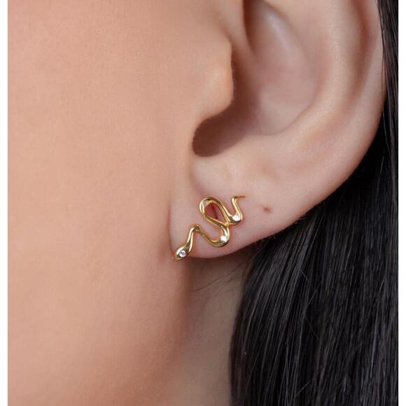 Sterling Silver Snake Stud Earrings: Gold-Plated Serpent Jewelry - Picture 2 of 7
